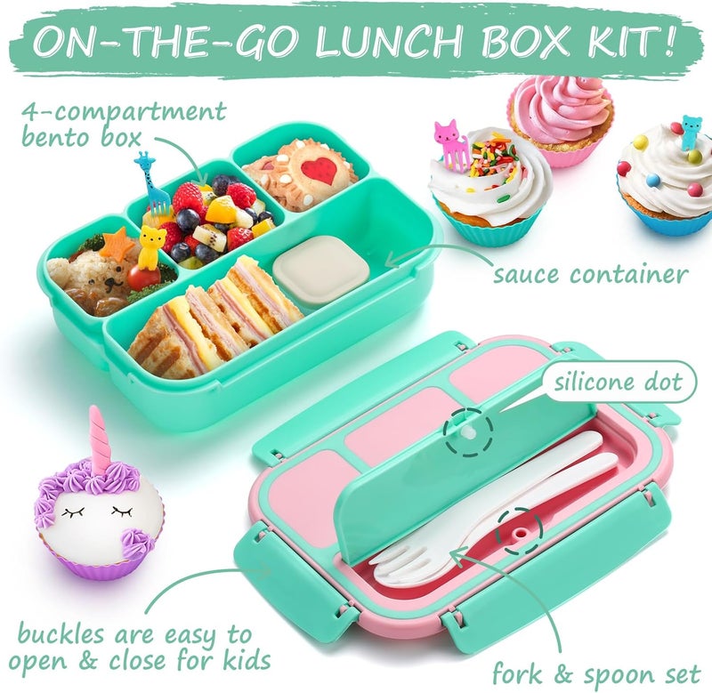 QQKO Bento Box for Kids Adults, School Toddler Lunch Box for Boys Girls, Lunch Box Containers with 4 Compartments, Sauce Container, Utensils, Food Picks and Muffin Cups for School, Pink Green - Image 3